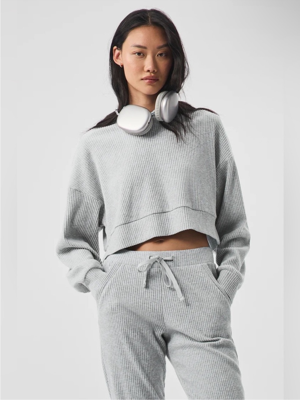 ALO Yoga Muse Ribbed Crop Top Hoodie Women’s Size Medium In Grey